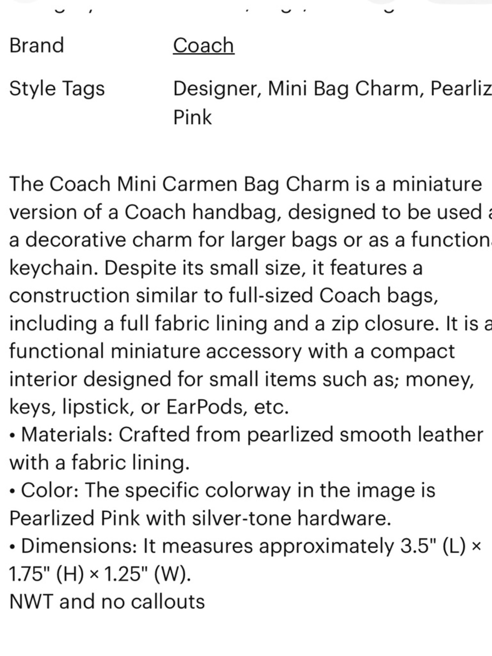 Coach mini Carmen bag charm NWT keychain in pearlized pink - Picture 14 of 14